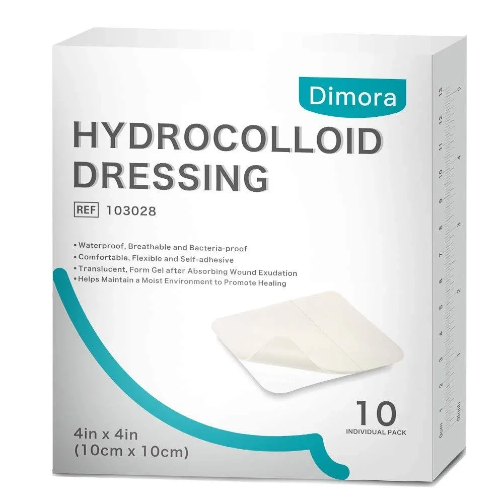 Dimora Hydrocolloid Dressing Sterile Self-Adhesive Patches Pads Bandages 10 Pack 4"x4"