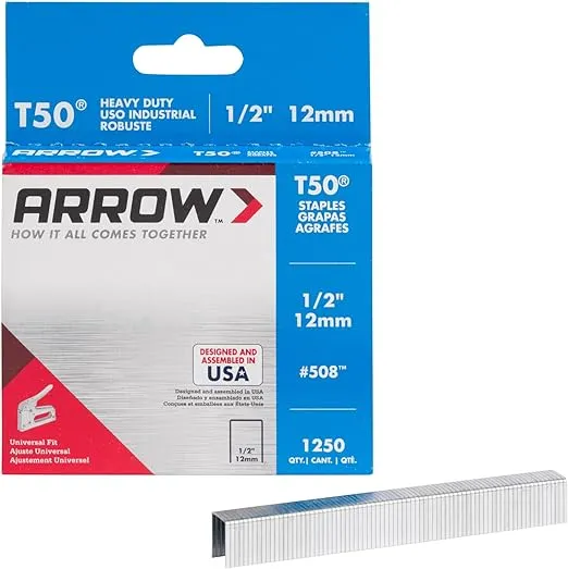 Arrow Fastener Flat Crown Staples, 1/2" x 3/8", Silver - 1250 pack