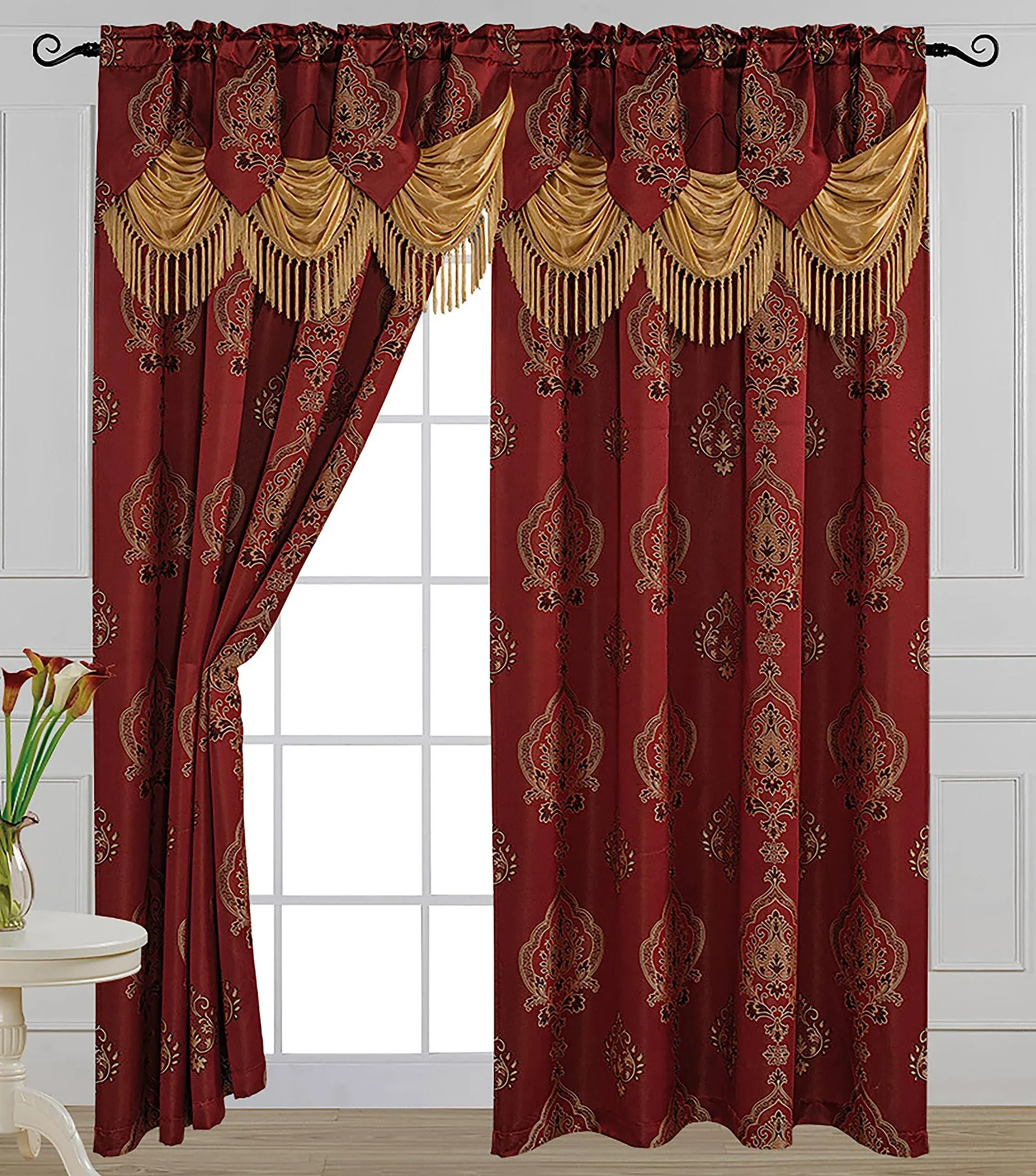 Alexa Luxury Jacquard Curtain Panel with Attached Waterfall Valance 54&#034; X 84&#034;