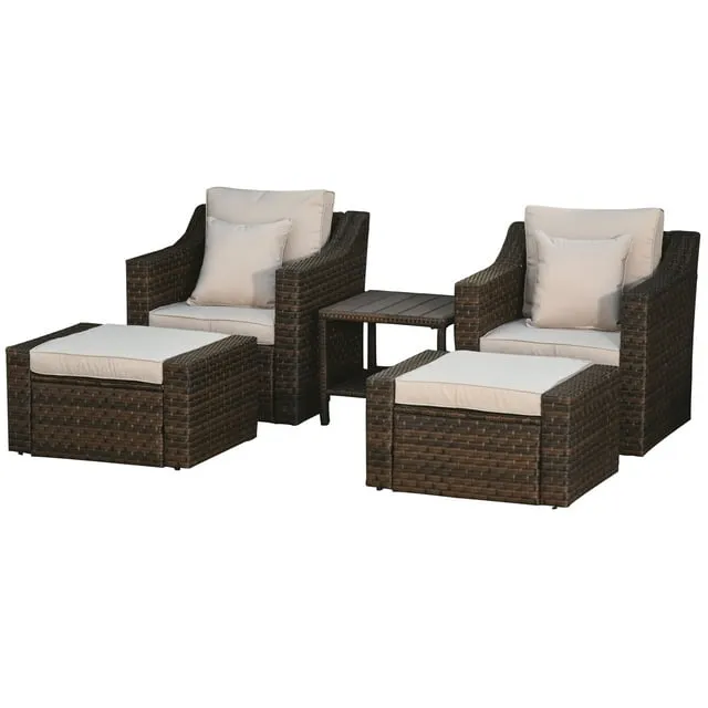 Outsunny 5-Piece PE Rattan Outdoor Patio Armchair Set with 2 Chairs, 2 Ottomans, Coffee Table, & Durable Build, Beige