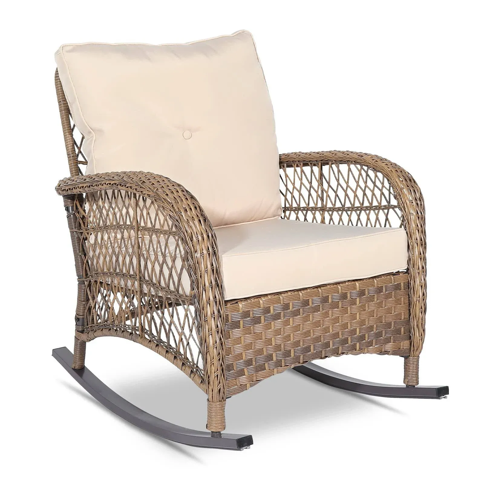 VIVIJASON Outdoor Wicker Rocking Chair Patio Rattan Rocker Chair with Cushions & Steel Frame