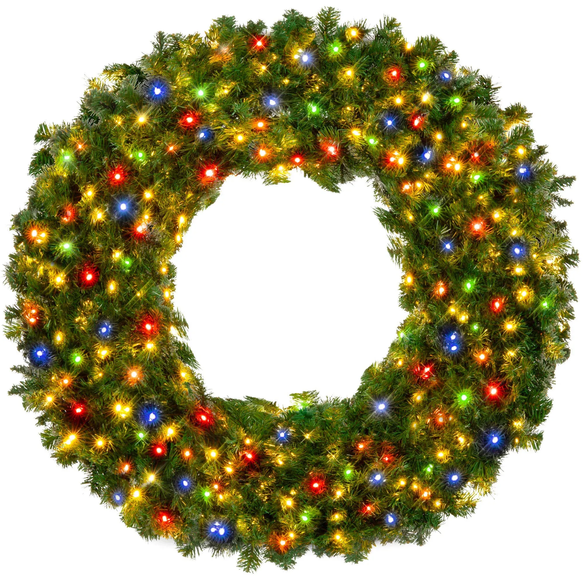 Best Choice Products Artificial Pre-Lit Fir Christmas Wreath Decoration w Multicolor Lights