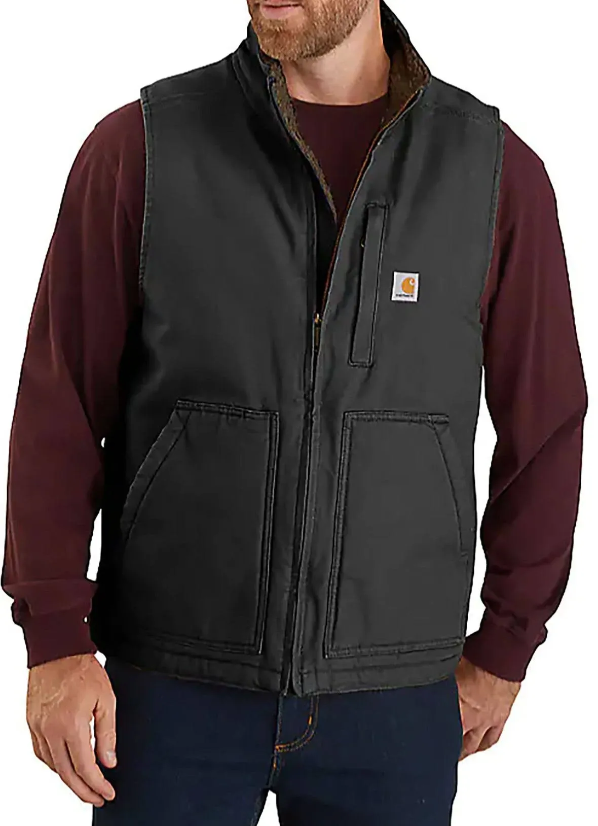 Carhartt Vest: Men's 104277 BLK Black Washed Duck Sherpa Lined Mock Vest