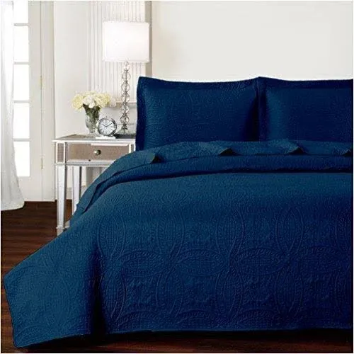 Mellanni Ultrasonic Quilted Coverlet Set, King, Navy, 3 Piece