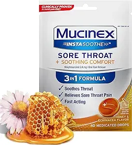 Mucinex, InstaSoothe, Sore Throat + Soothing Comfort, Honey & Echinacea, 40 Medicated Drops