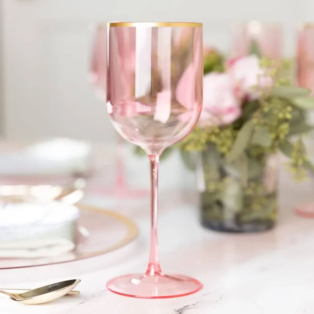 12 oz Pink Gold Rim Plastic Wine Goblets 5 Pack - Posh Setting