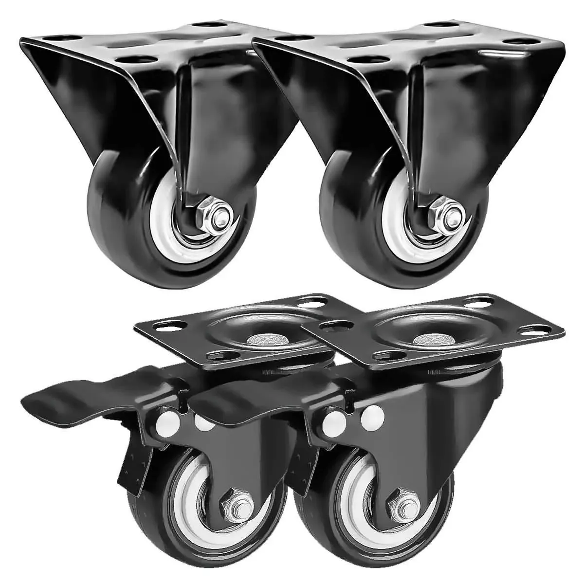 FactorDuty 4 Pack Combo Caster Wheels 2 Rigid Non Swivel Fixed Stationery & 2 with Brake Swivel Plate