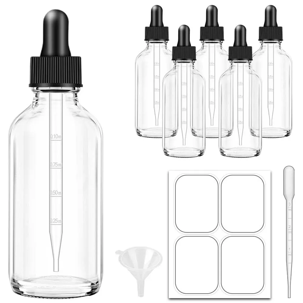 6 Pack, 4 oz Dropper Bottle with Measured Dropper, Clear Glass Eye Dropper Bottle for Essential Oils with Funnel, Labels & Pipette, Tincture Bottle (Unbreakable Plastic Eye Dropper)