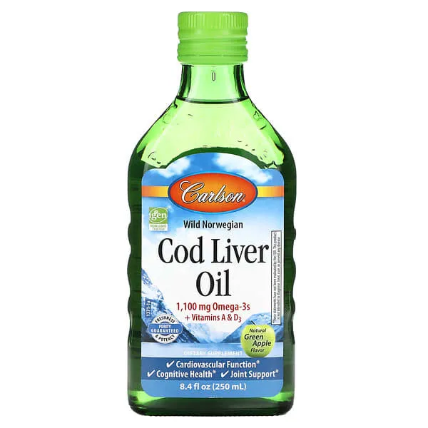 Carlson - Cod Liver Oil, 1100 mg Omega-3s, Plus Vitamins A and D3, Wild Caught Norwegian Arctic Cod Liver Oil, Sustainably Sourced Nordic Fish Oil Liquid, Green Apple, 250 mL (8.4 Fl Oz)