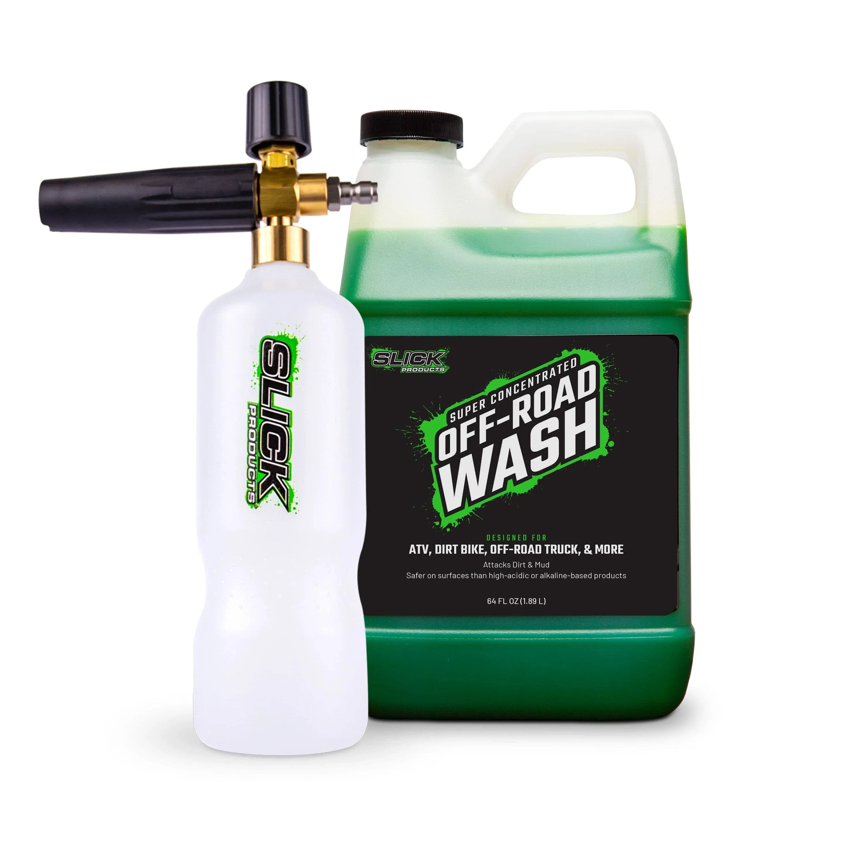 Slick Products Off-Road Wash (64 oz.) + Pressure Washer Foam Cannon Bundle - Super Concentrated Bike, ATV, UTV, Truck Wash Foam Shampoo for Heavy Dirt and Mud