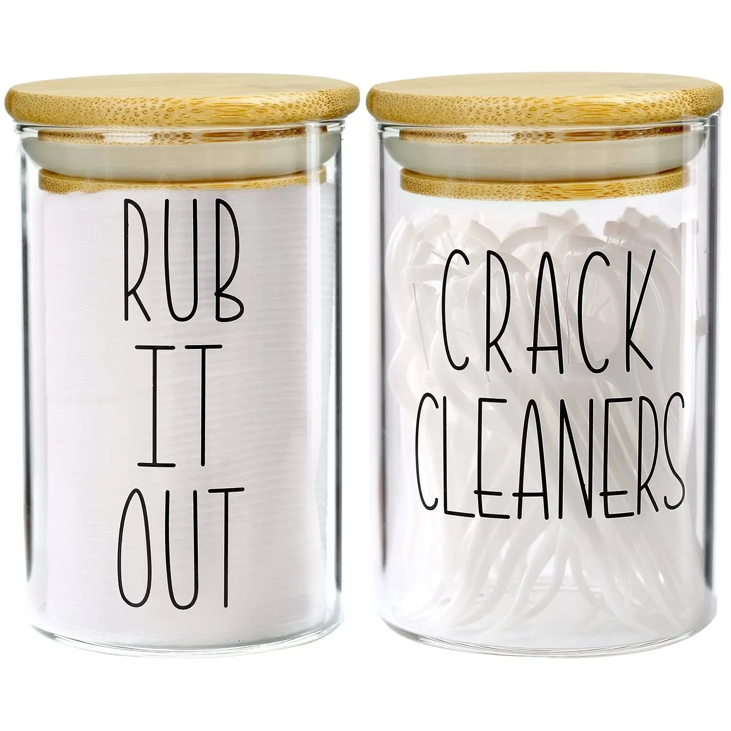 Funny Qtip Holder 2Pack Glass Apothecary Jars Bathroom Canisters with Tray Cotton Round Holder and Floss Pick Bathroom Storage Organization Qtip Holder Bathroom Set for Farmhouse Rustic Bathroom Décor