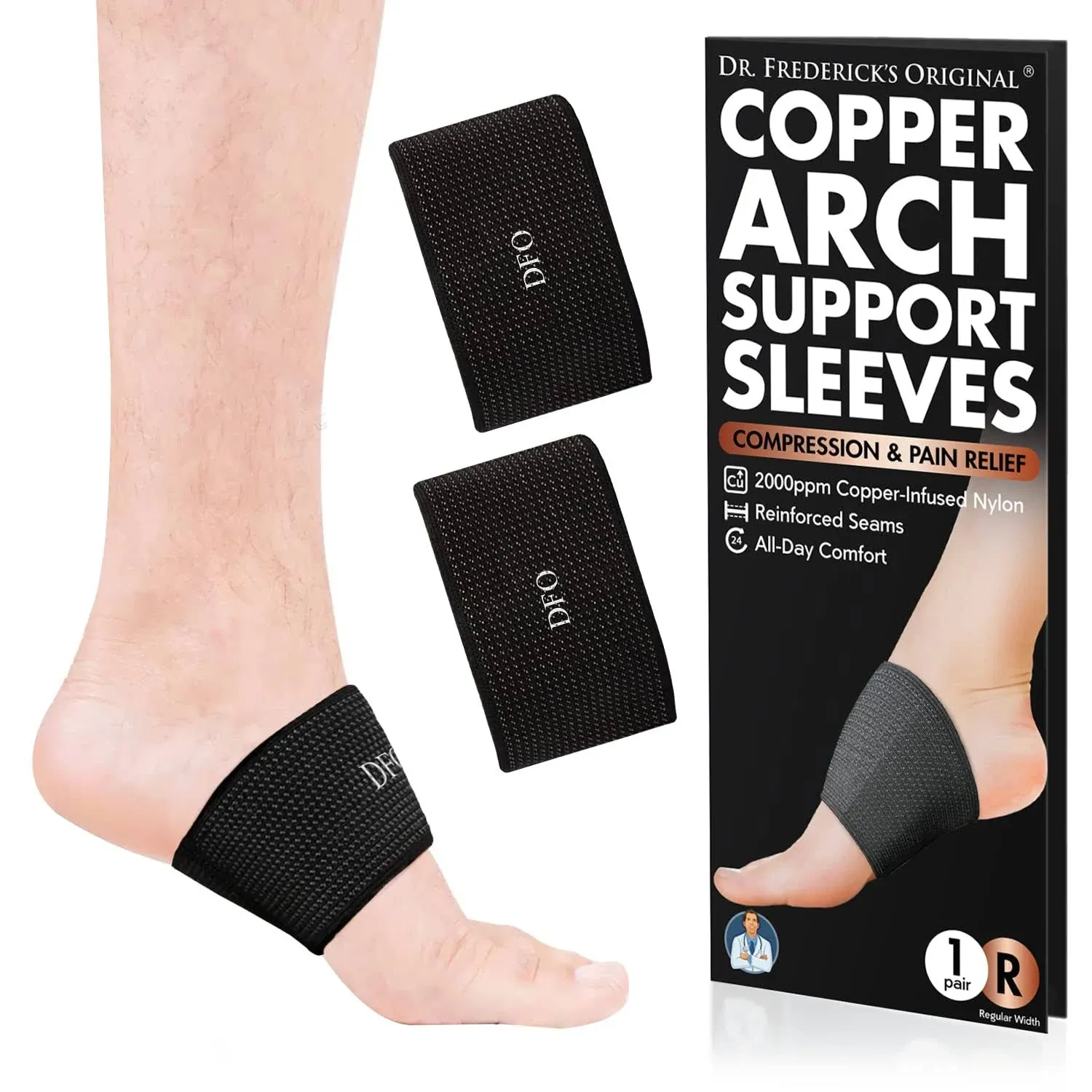 Dr. Frederick’s Original Copper Infused Arch Support Sleeves - 2pcs - Arch Support Bands for Plantar Fasciitis, Flat Feet, Fallen Arches - Fast Pain Relief - Arch Support Braces for Women &amp; Men