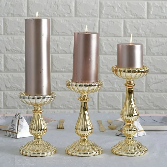 Efavormart Set of 3 Gold Mercury Glass Pillar Candle Holders - 7" | 8.5" | 10"