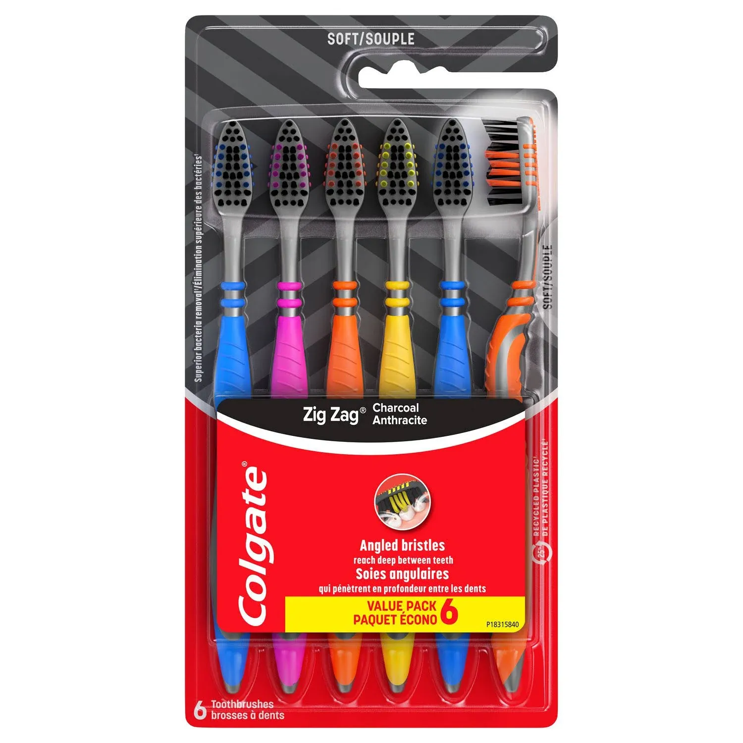 Colgate Zig Zag Charcoal Toothbrush, Adult Soft Toothbrushes, 6 Pack