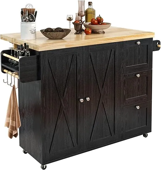 Ironck Rolling Kitchen Island Cart with Drop-Leaf Countertop, Thicker Rubberwood Top, 3 Drawers, Barn Door Style Cabine, Spice Rack, On Wheels, for