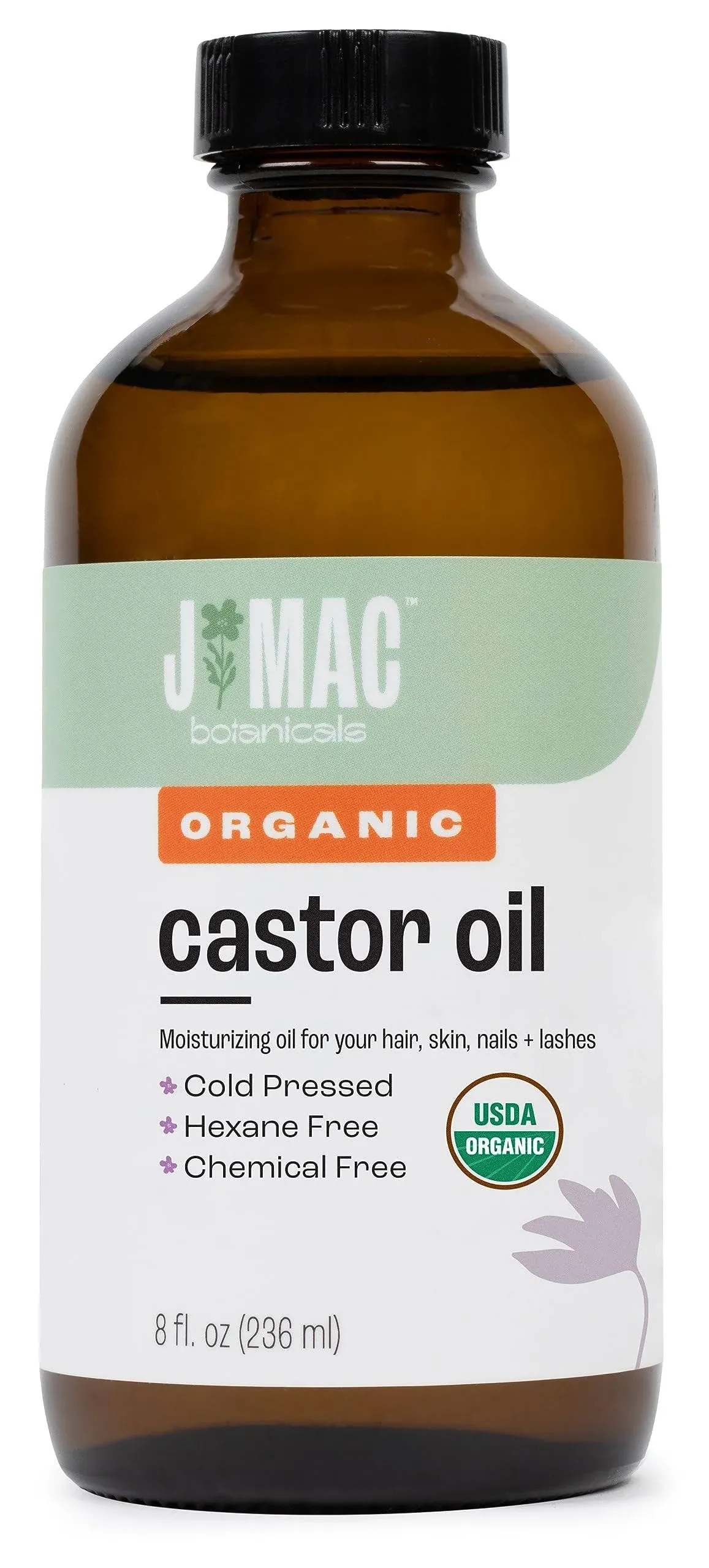 J MAC BOTANICALS Organic Castor Oil Cold Pressed (Glass Bottle, 8 oz, NO DROPPER), pure castor oil, hexane free, for face, skin, eyelashes, cold pressed organic oil