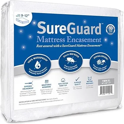 SureGuard Full Size Mattress Protector - 100% Waterproof, Hypoallergenic - Premium Fitted Cotton Terry Cover