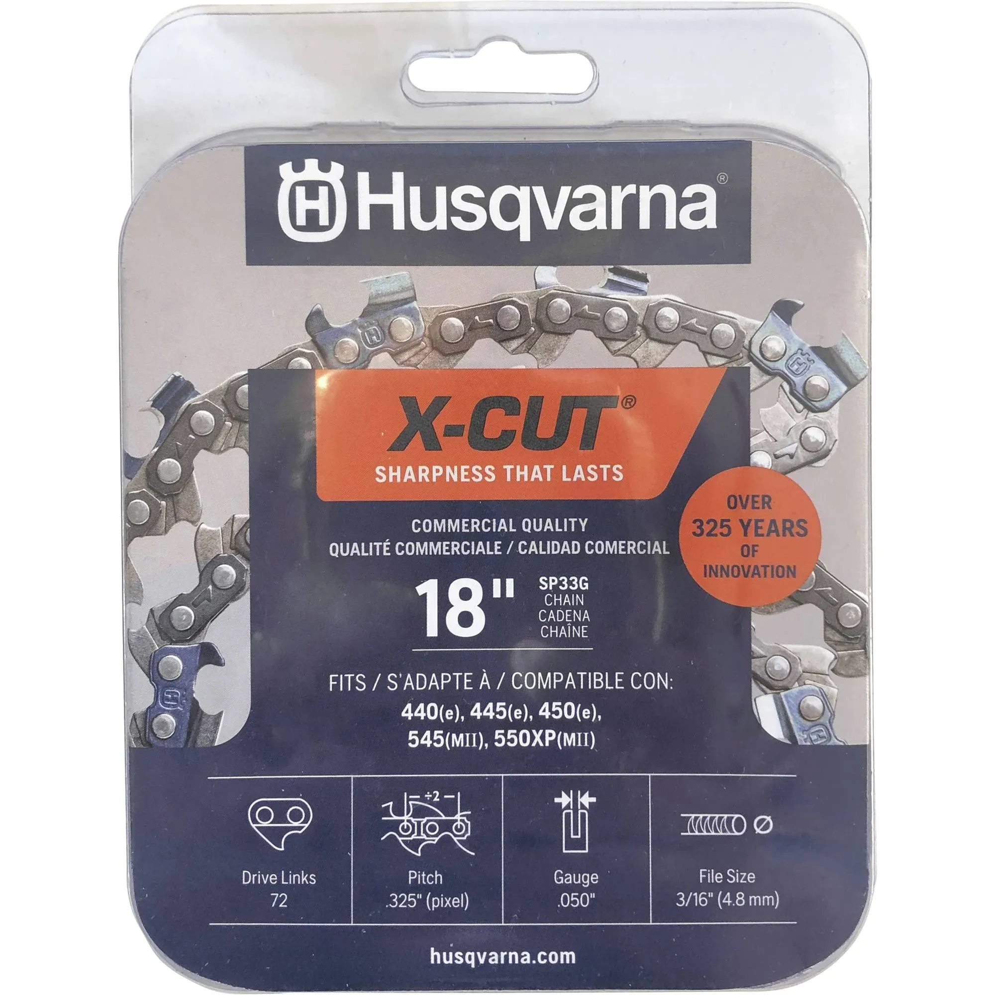 Husqvarna X-Cut SP33G 18 Inch Chainsaw Chain, .325" Pitch, .050" Gauge, 72 Drive Links, Pre-Stretched Chainsaw Blade Replacement with Superior Lubrication and Low Kickback, Gray