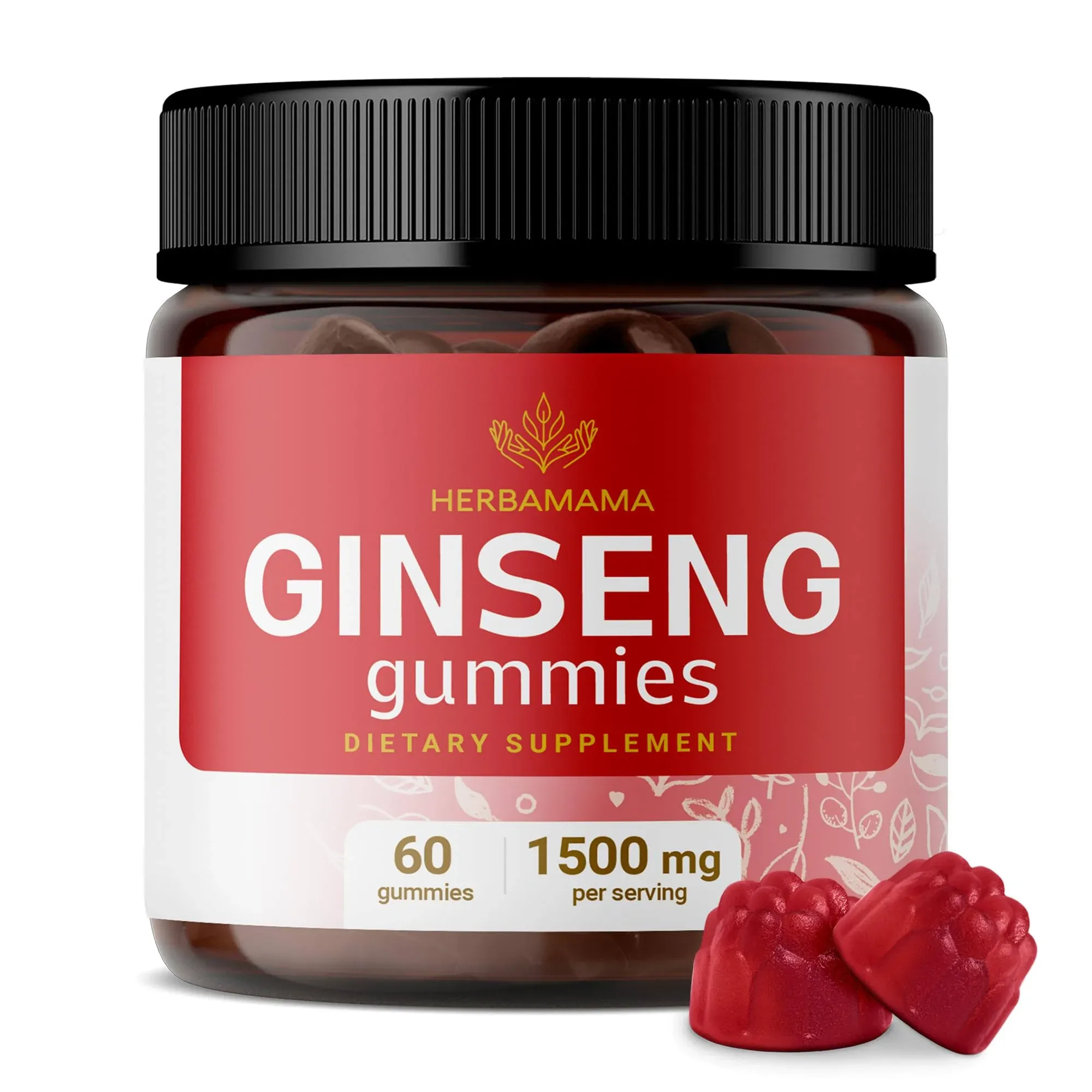 HERBAMAMA Korean Red Ginseng Gummies - 1500 mg Red Panax Ginseng Root Energy Supplements - Ginseng Supplement for Men and Women - Vegan, Gelatin-Free, Non-GMO - 60 Strawberry-Flavored Chews