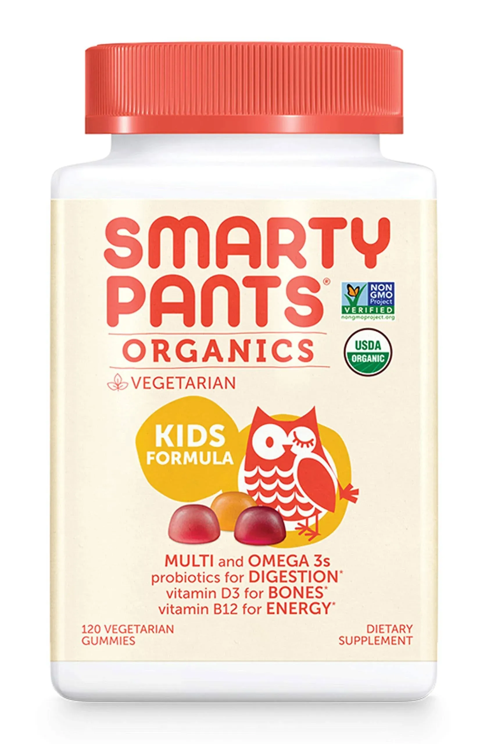 Мультивитаминные жевательные конфеты SmartyPants Organic Kids: пробиотики, омега-3 (АЛК), витамины D3, C, B12, B6, A, K и цинк для поддержки иммунитета, три фруктовых вкуса, 120 штук (30-дневный запас)