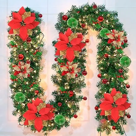 Pre-lit Artificial Christmas Garland, Green Rattan with Red Flower Decorations and Battery Operated LED Lights for Home Stairs Fireplace Front Porch Door Display Indoor Outdoor Christmas Decor -9FT