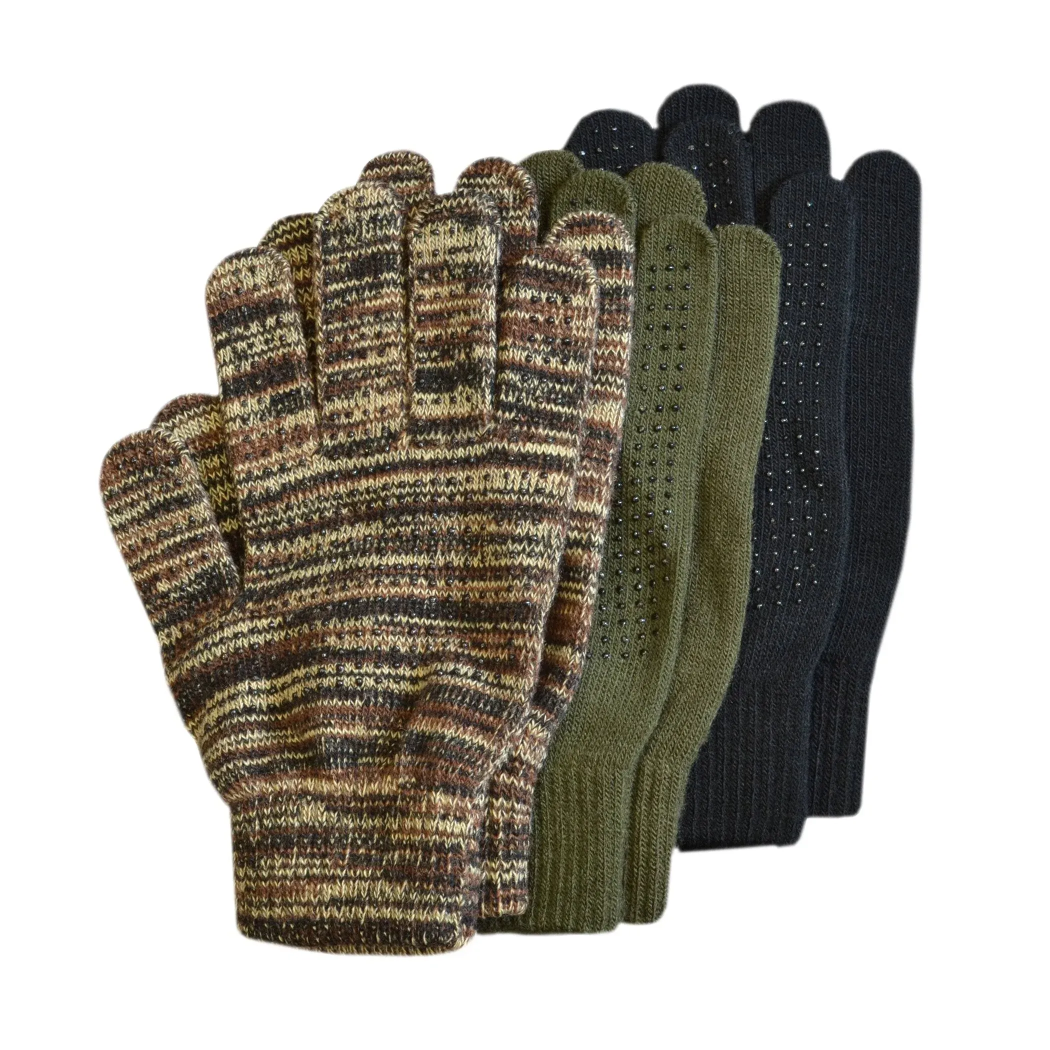 3 Pair Quietwear Magic Stretch Gloves Grip Dot Fingers &amp; Palms Camo Black Olive