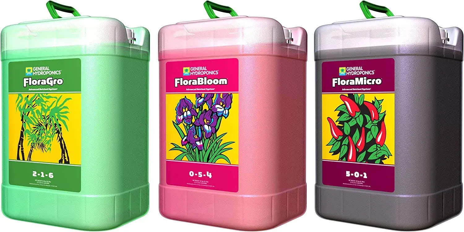 General Hydroponics Flora Series: FloraMicro, FloraBloom, FloraGro - 3-Part Hydroponic Nutrient System, 6 gal.