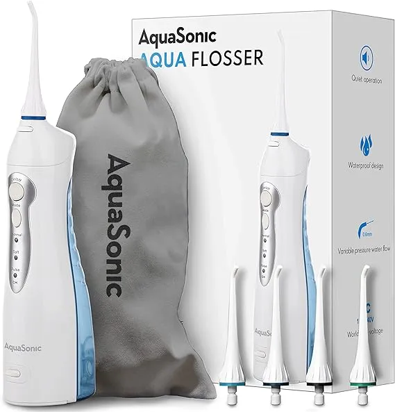 Aquasonic Aqua Flosser - Professional Rechargeable Water Flosser with 4 Tips - Oral Irrigator w/ 3 Modes - Portable & Cordless Flosser - Kids and Braces - Dentist Recommended