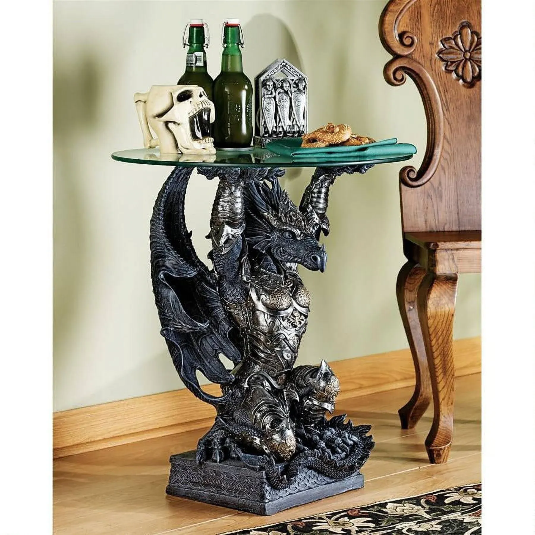 Hastings the Gothic Warrior Dragon Glass-Topped Sculptural Table