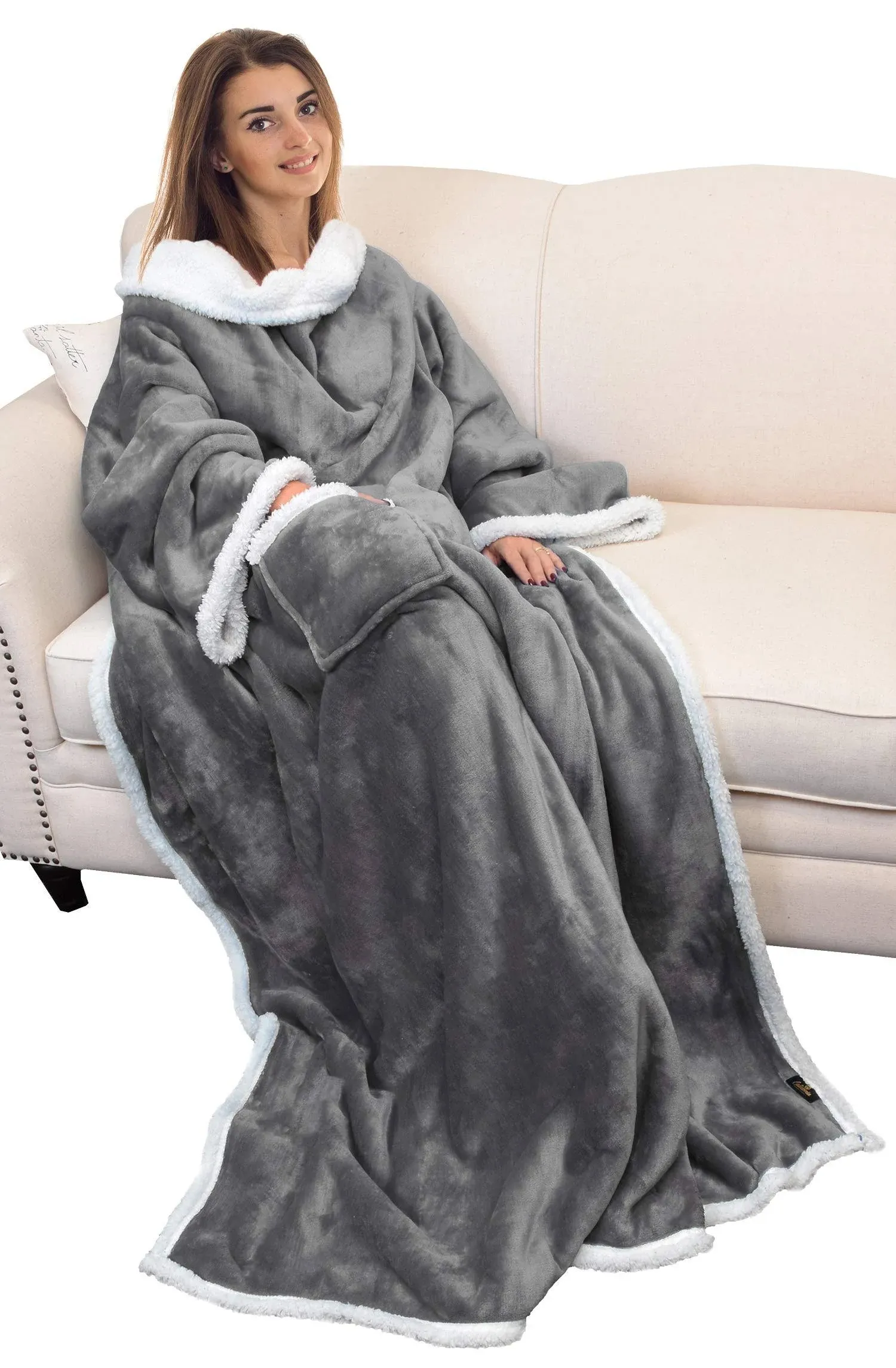 Catalonia Sherpa Fleece Wearable Blanket with Sleeves and Pocket, Micro Plush Warm Sleeved TV Throws Blanket Robe for Adult Wome