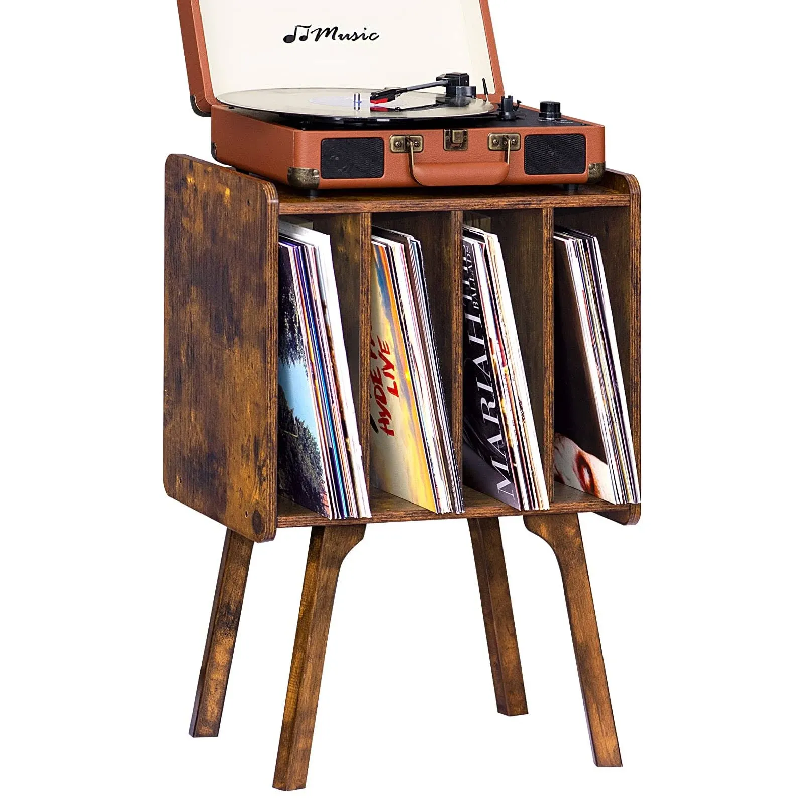 LELELINKY Small Record Player Stand - Width 11.7 in, Brown Vinyl Record Storage Table with 4 Cabinet Up to 80 Albums, Vinyl Holder with Wood Legs,Turntable Stand Display Shelf for Bedroom Living Room