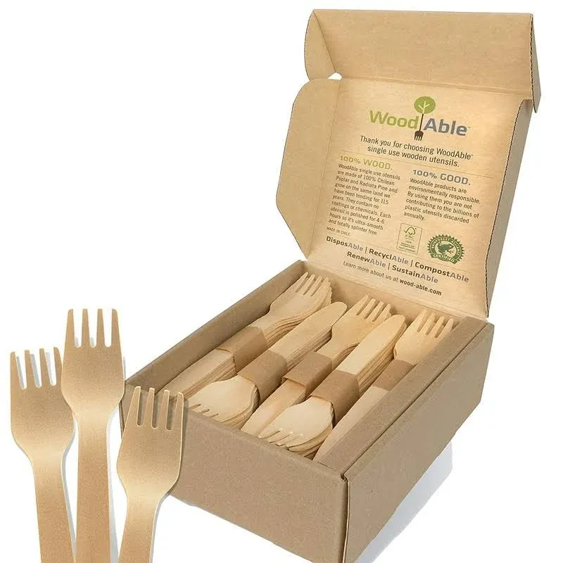 WOODABLE Disposable & Backyard Compostable Wooden Forks, Eco-Friendly, Sustainable, Organic, Biodegradable, Vegan-Friendly, 100 Count