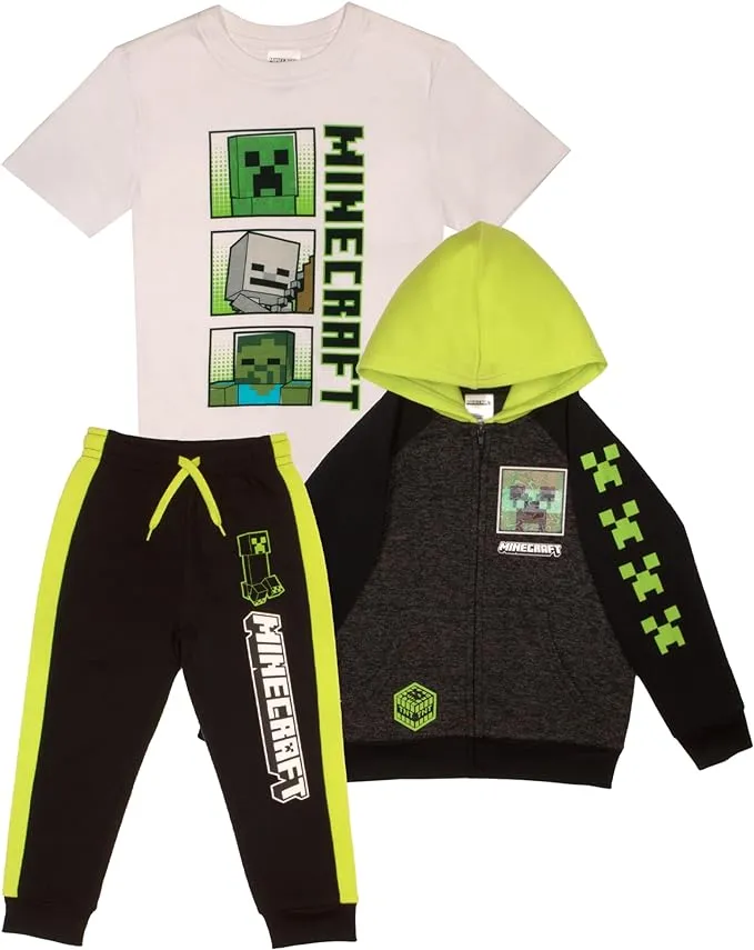 Minecraft Creeper Skeleton Zombie Zip Up Hoodie T-Shirt Sweatpants 3 Piece Set (Size 4-16)