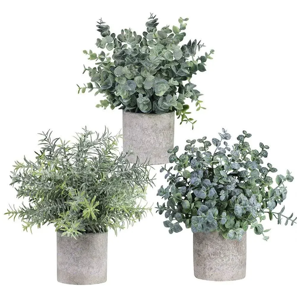 Winlyn Set of 3 Mini Potted Artificial Eucalyptus Plants Plastic Fake Green Rose