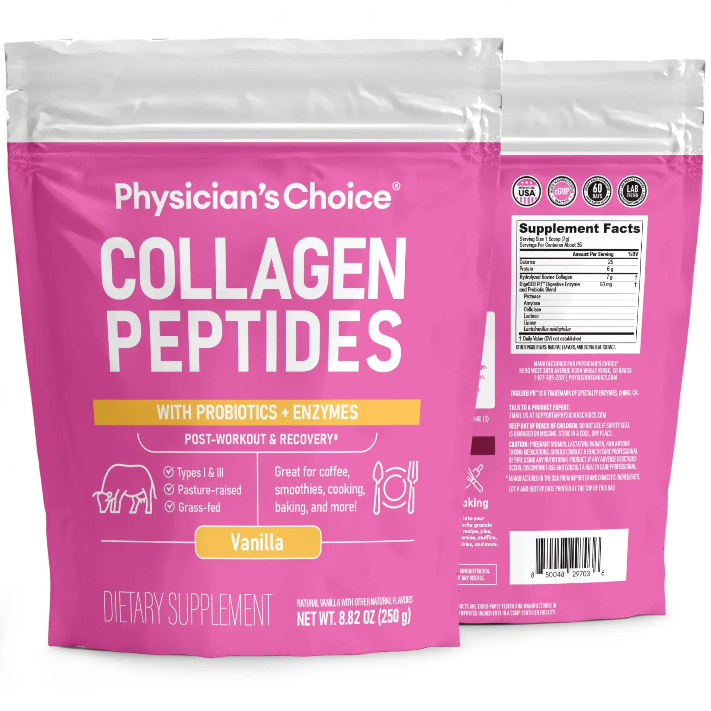 Physician's CHOICE Collagen Peptides Powder (Hydrolyzed Protein - Type I & III) w/Digestive Enzymes - Keto Collagen Powder for Women & Men - Hair, Skin, Joints, Workout Recovery - Grass Fed - Vanilla