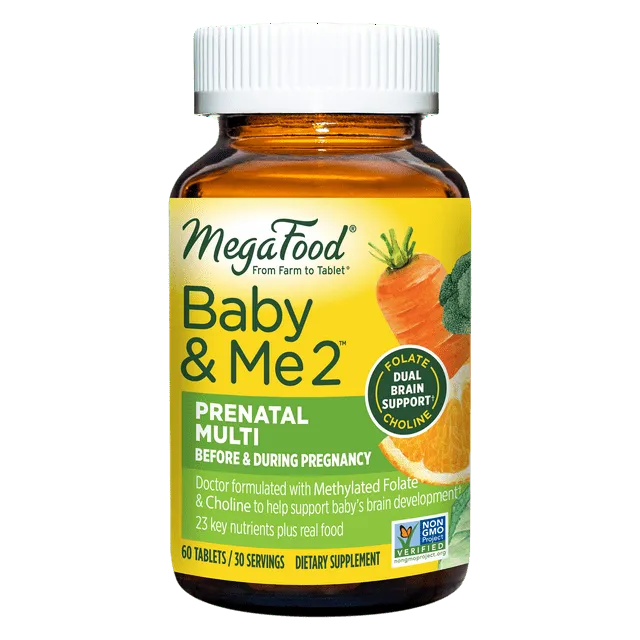 MegaFood Baby & Me 2 Prenatal Vitamin and Minerals - Vitamins for Women - with Folate (Folic Acid Natural Form), Choline, Iron, Iodine, and Vitamin C, Vitamin D and more - 60 Tabs (30 Servings)