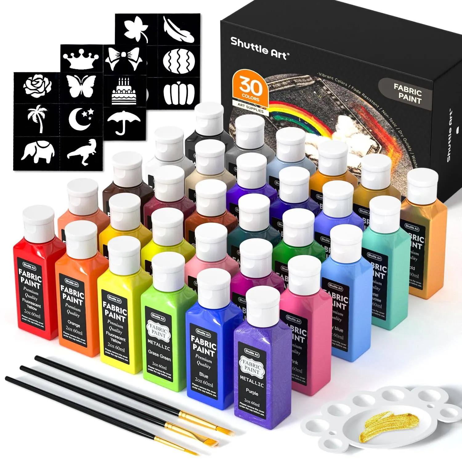 Fabric Paint, Shuttle Art 30 Colors Permanent Soft Fabric Paint in Bottles (60ml ...