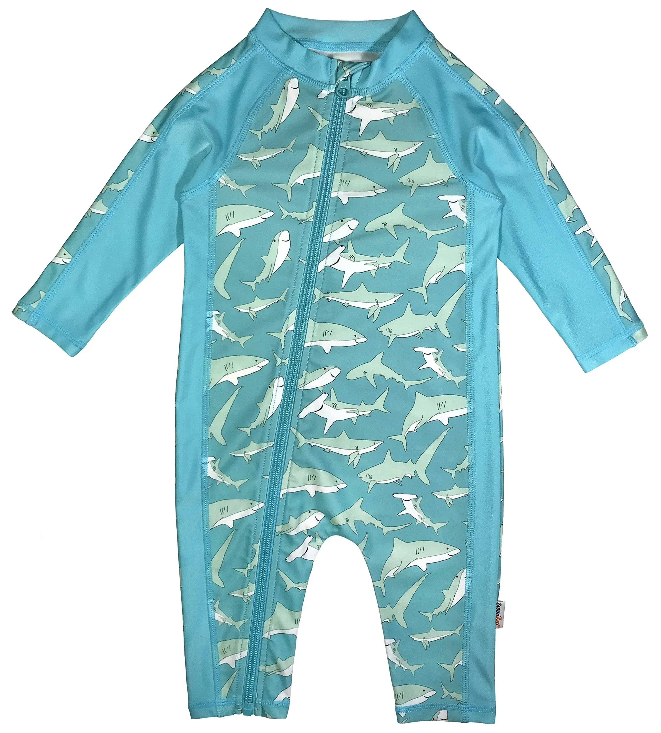 SwimZip Boy's Long Sleeve Sunsuit One-Piece Romper - Deep Blue Sharks 18-24 Month ...