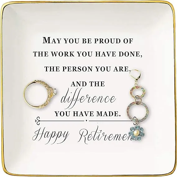 Topthink Happy Retirement Gifts for Women Her – Ceramic Jewelry Holder Ring Dish Trinket Tray – Retirement Appreciation Gift for Mom Boss Co-workers, Teachers,Nurse,Friends,Wife,Sister