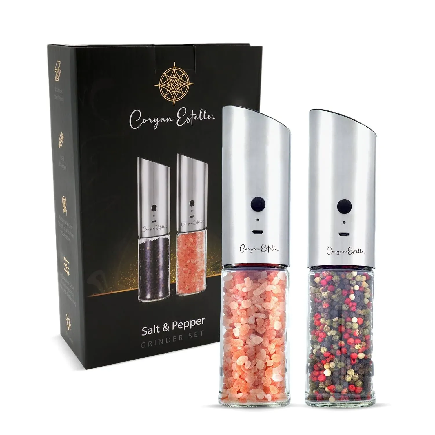 Automatic USB Rechargeable Salt and Pepper Grinder Set - Gravity Electric Salt a