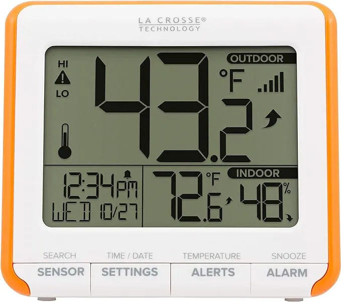 La Crosse 308-179OR Wireless Thermometer, 4.27 in L x 1.47 in W x 3.88 in H Display, 32 to 122 deg F Orange