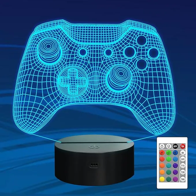 Attivolife Gamepad 3D Illusion Lamp Controller Night Light with Remote Control + Timer 16 Color Changing Desk Lamp Kids Gamer Room Decor Plug