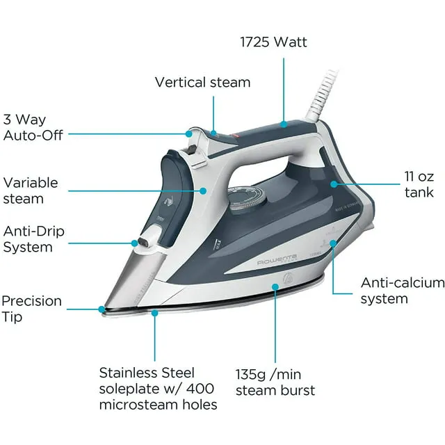 Rowenta Focus Stainless Steel Soleplate Steam Iron for Clothes 400 Microsteam Holes, Cotton, Wool, Poly, Silk, Linen, Nylon 1725 Watts Portable, Ironing, Garment Steamer DW5280