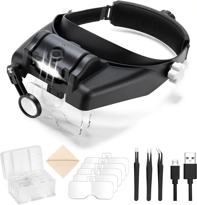 Headband Magnifying Glasses with Light for Close Work, 1X to 14X Rechargeable Magnifier Hands Free Jewelers Loupe Magnifying Visor with 5 Lenses and a Precision Tweezers for Crafts Hobby