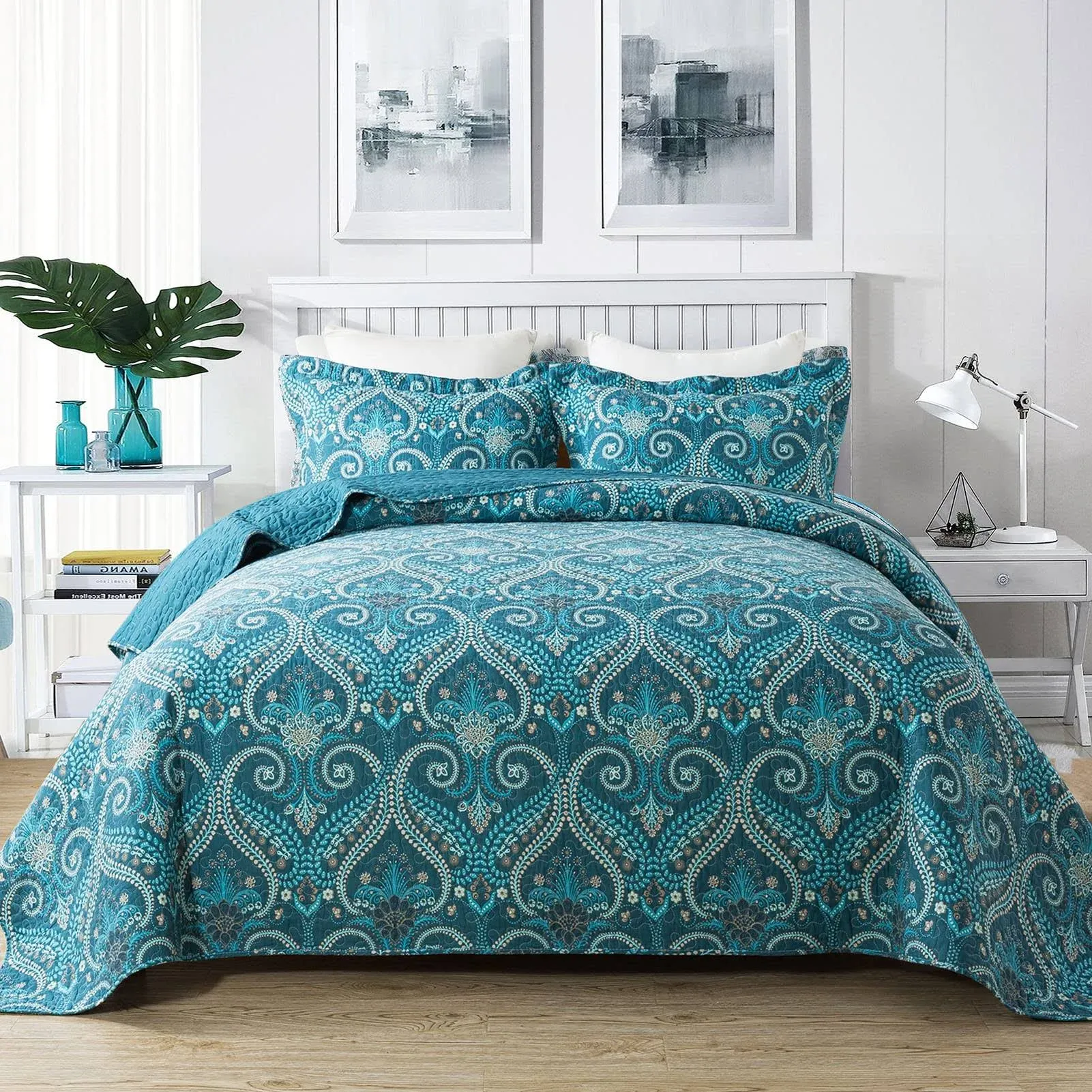 NEWLAKE Cotton Bedspread Quilt Sets-Reversibl<wbr/>e Patchwork Coverlet Set, Turquo...