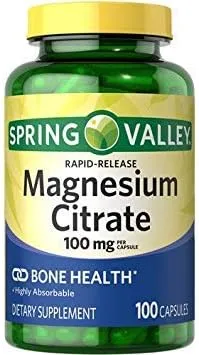 Spring Valley Rapid-Release Magnesium Citrate Bone Health Dietary Supplement Capsules, 100 mg, 100 Count