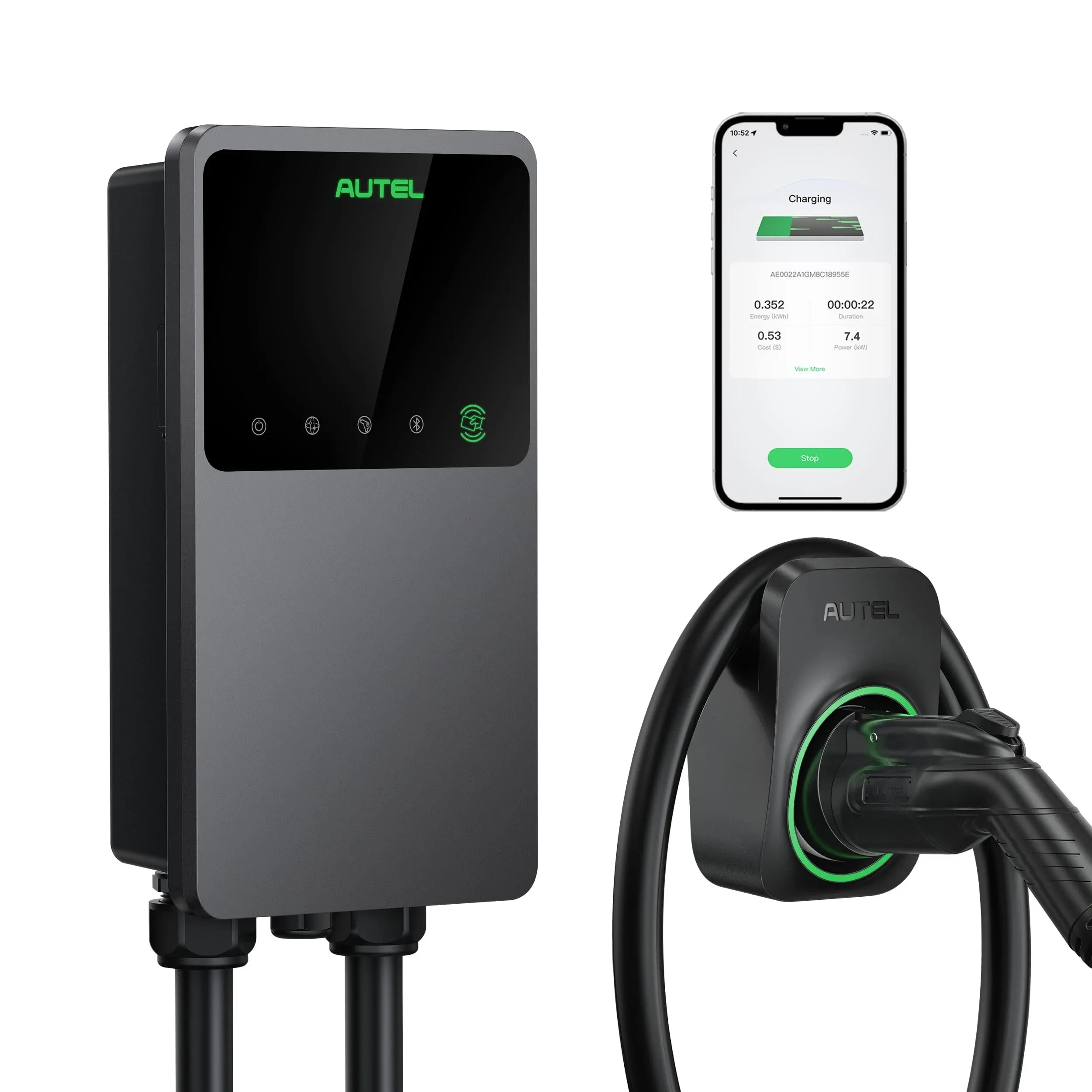 Autel MaxiCharger Home Electric Vehicle (EV) Charger, up to 50 Amp, 240V, Level 2 WiFi and Bluetooth Enabled EVSE, Hardwired, Indoor/Outdoor, 25-Foot Cable with Separate Holster, Dark Gray