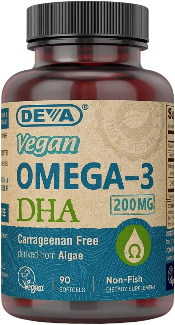 DEVA Vegan Omega-3 DHA Supplement, Once-Per-Day Softgel 200 MG, Carrageenan Free, Gelatin Free, Non-Fish, Algae Oil, Omega-3 Fatty Acids - 90 Softgels