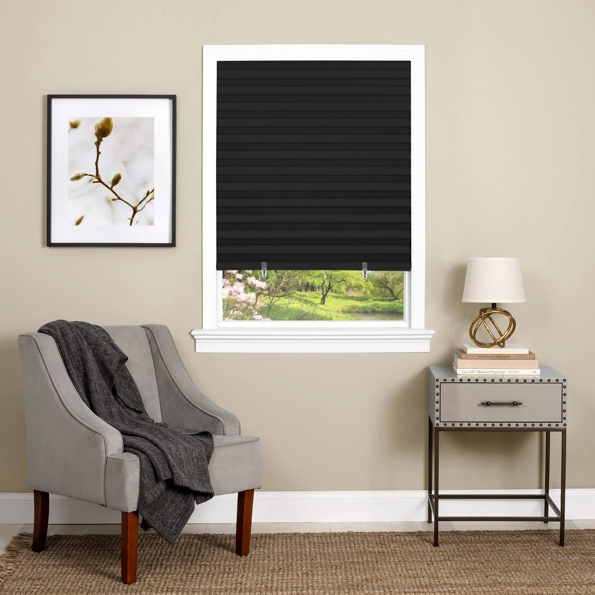 Achim Cordless 48" x 75" 1-2-3 Vinyl Room Darkening Pleated Window Shade, Black