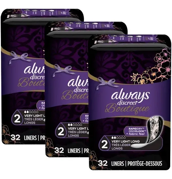 Always Discreet Boutique Adult Incontinence & Postpartum Liners For Women, Size 2, Very Light Absorbency, Long Length, 32 Count x 3 Packs (96 Count total) (Packaging May Vary)